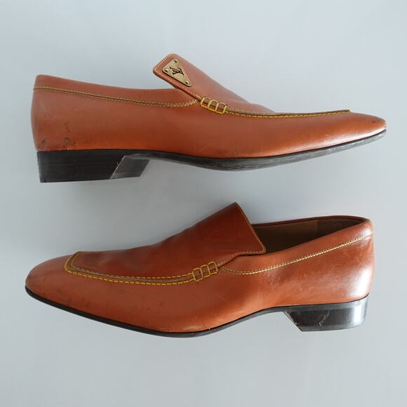 Louis Vuitton Tan Brown Orange Leather LV Gold Plaque Logo Square Toe Loafers - Picture 5 of 16
